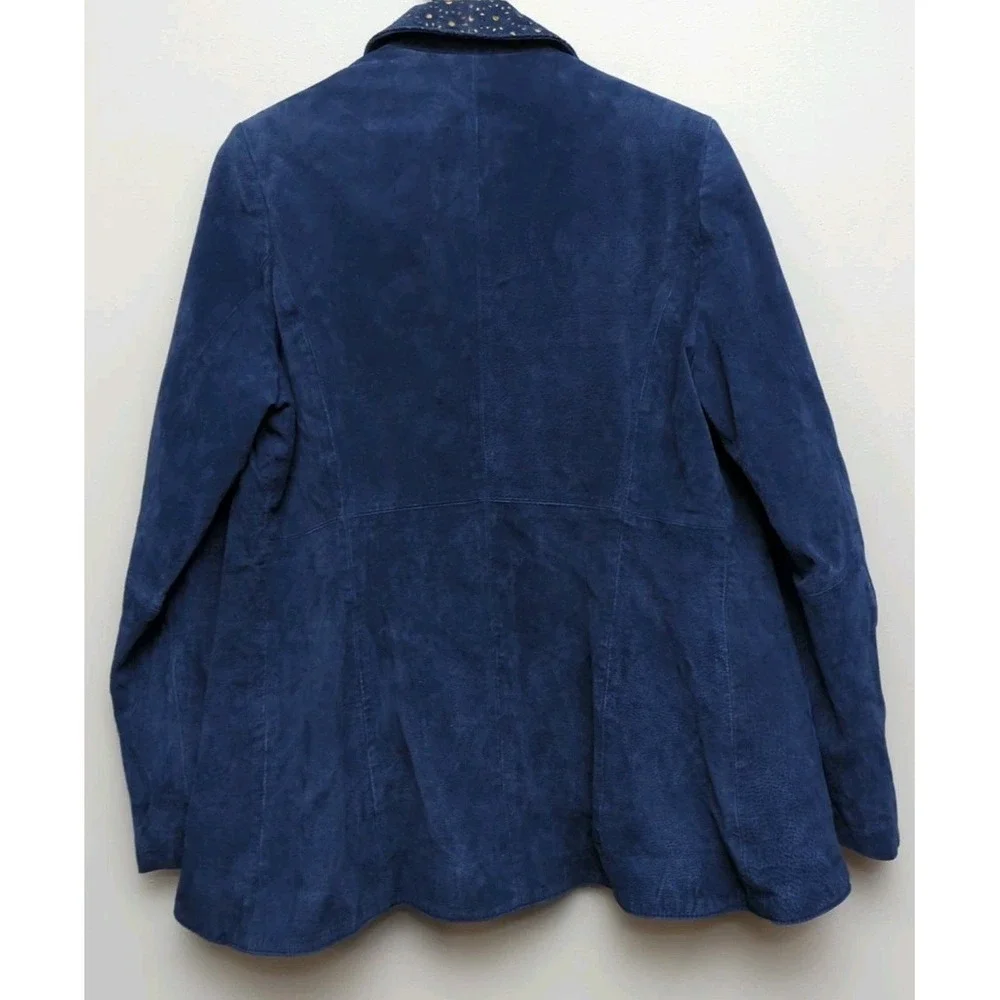 L1 IMAN Genuine Soft Leather Suede Women's Sz M Blue w/Gold Eyelet Collar Jacket